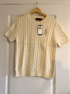 NWT Polo Ralph Lauren Sweater Cream Cable Knit Beaded Big Pony Logo L Large